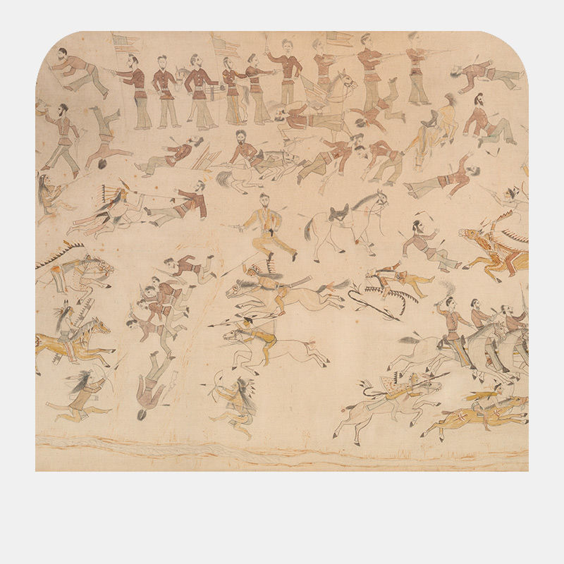 A yellow-hued background with pencil etchings of figures battling, some depicted with red coats and other figures sporting arrows and feathers.